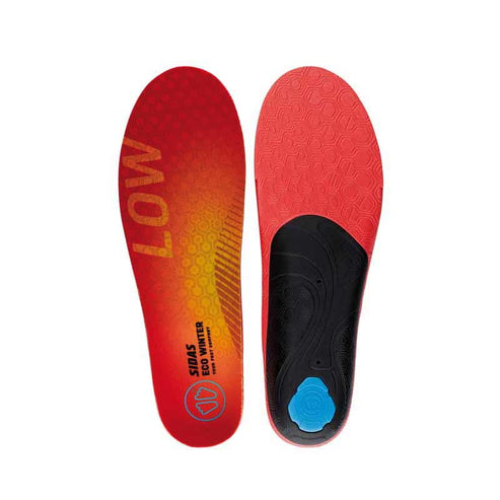 A pair of Sidas 3Feet ECO Winter Insoles designed for low arches, with red tops, black bottoms, and a blue insulation layer in the center.