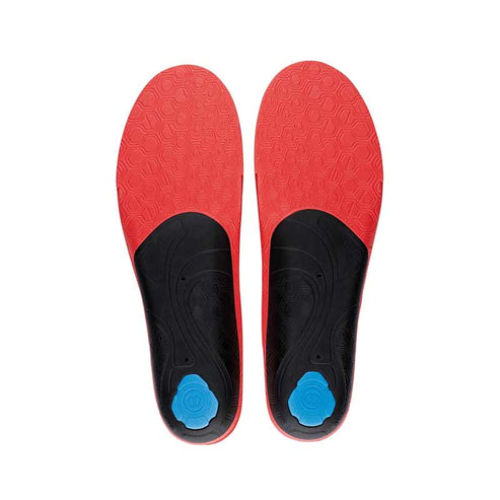 Red and black shoe insoles with blue accents on a white background