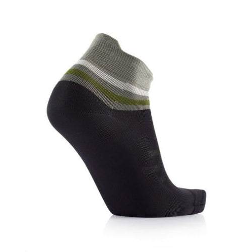 Black Sidas ankle running sock with gray and green striped cuff on a white background
